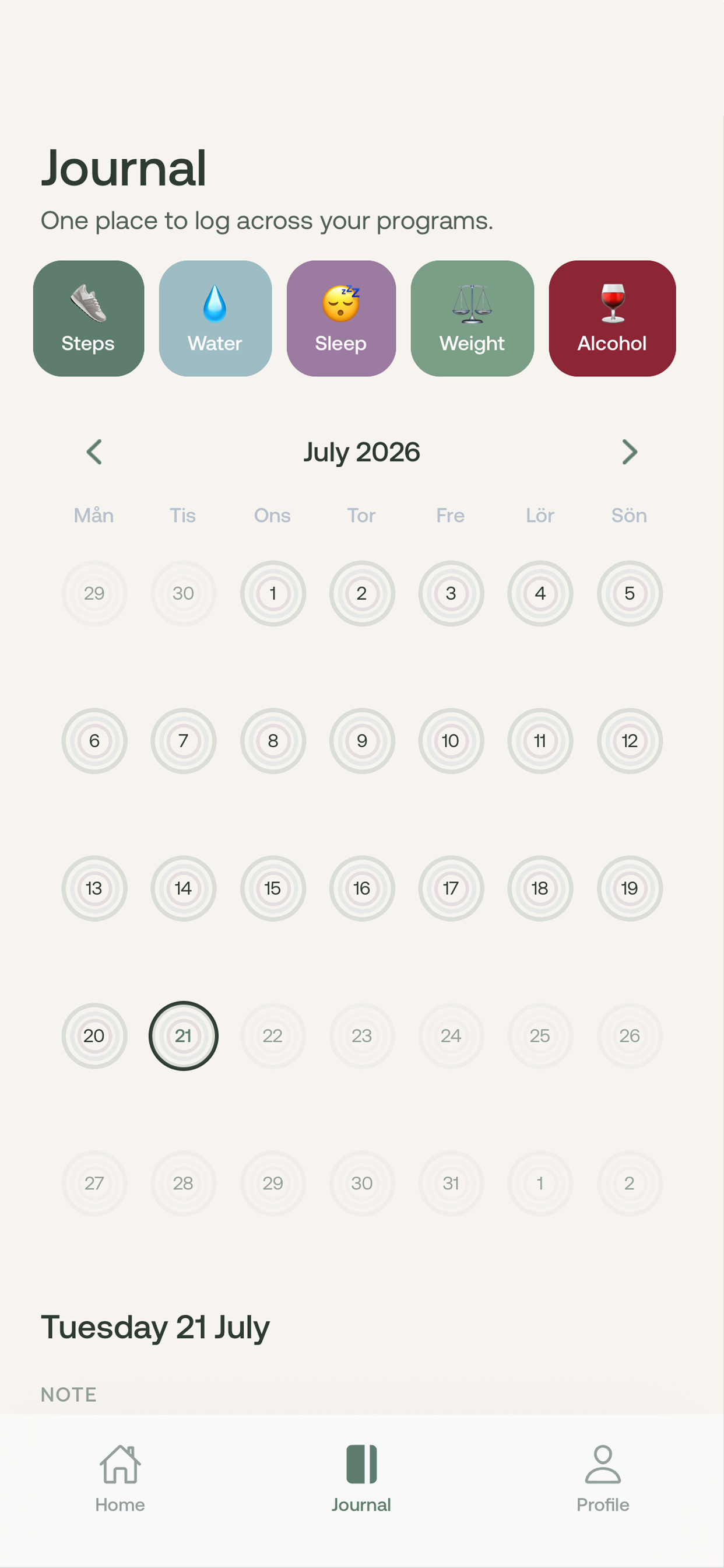 Journal calendar with progress rings